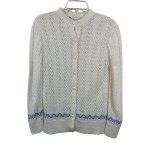 Vintage Its Pure Gould Sweater Cardigan White & Blue Button-Up Womens Size S